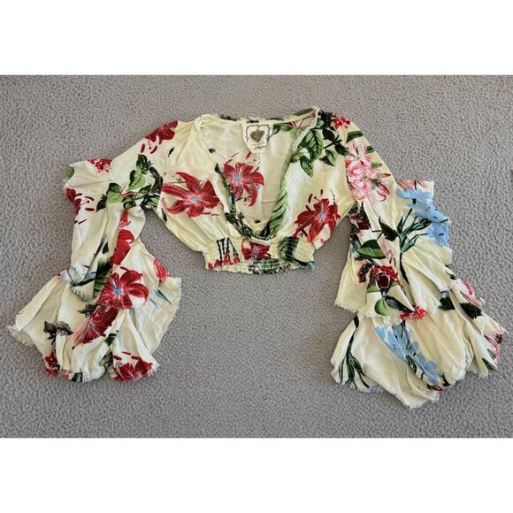 ZL Europe Blouse Yellow Floral Ruffle Bell Sleeve Boho Festival Top - Picture 5 of 10